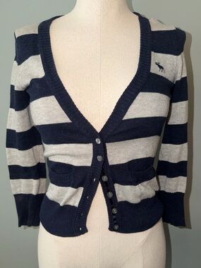 Abercrombie & Fitch Striped V-Neck Button Cardigan Sweater - Navy & Light Gray